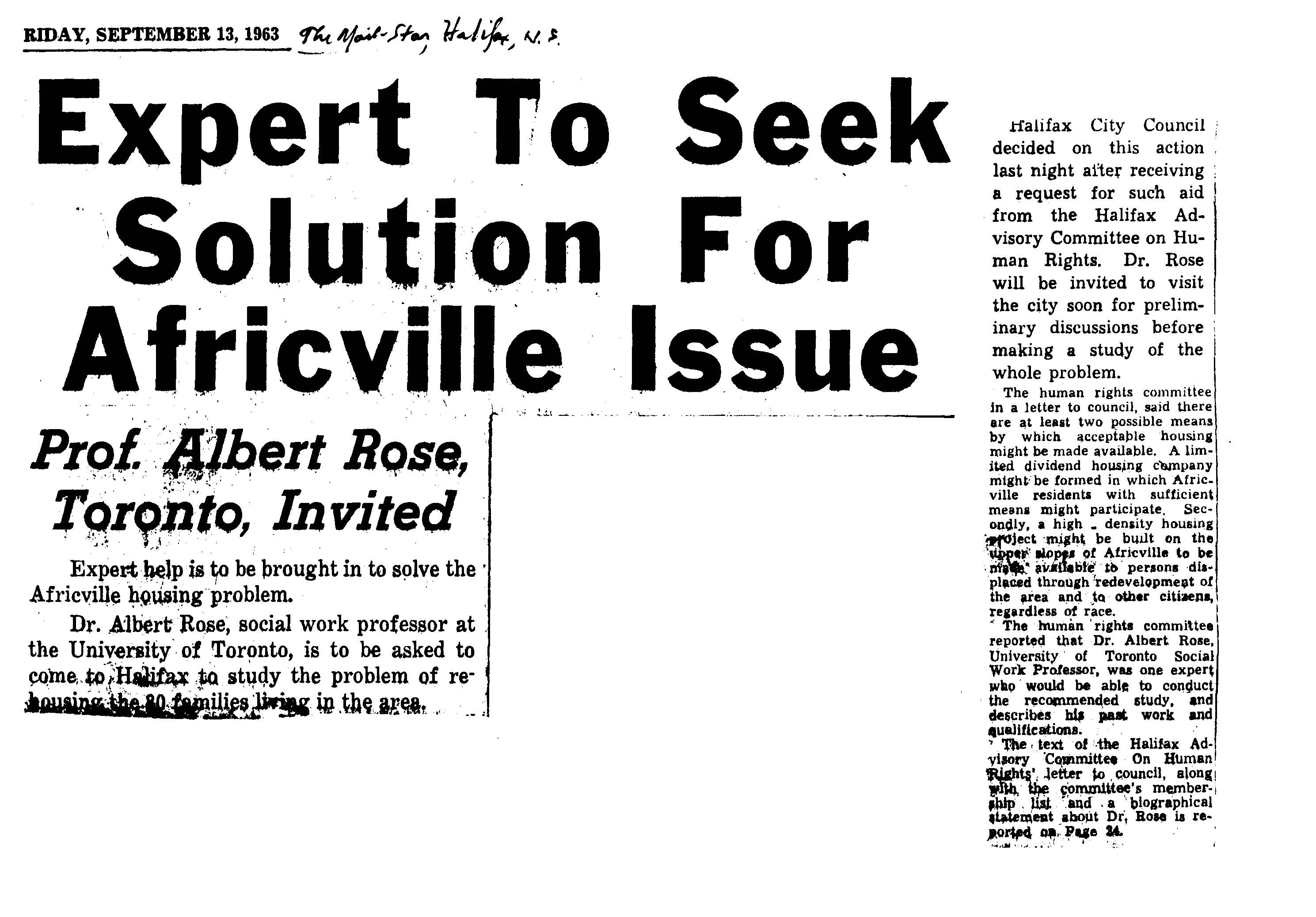 Black and white copy of newsclipping with headline “Expert to Seek Solution for Africville Issue – Prof. Albert Rose, Toronto, Invited”