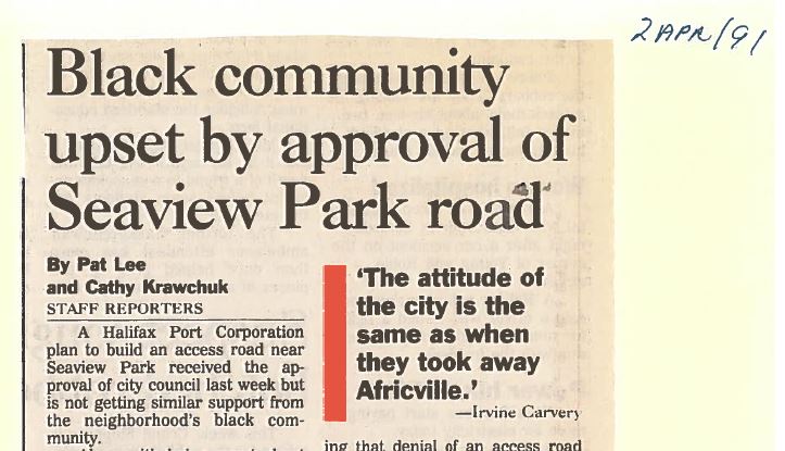 Colour photo of news clipping with headline “Black community upset by approval of Seaview Park road”.