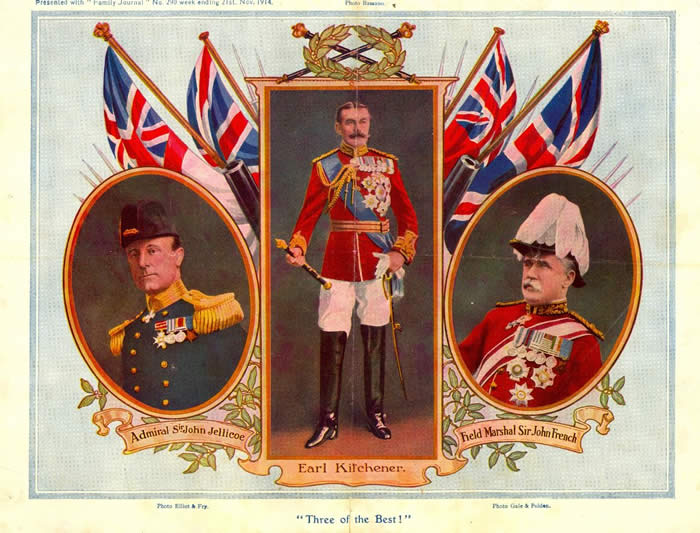 Colour photo called “Three of the Best” showing Admiral Sir John Jellicoe, Earl Kitchener and Field Marshal Sir John French.
