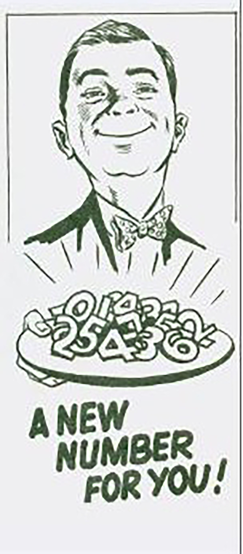Digital scan of publicity file from 1960s City of Halifax program to change civic address – shows a butler holding a tray of numbers with text “A New Number for You!”