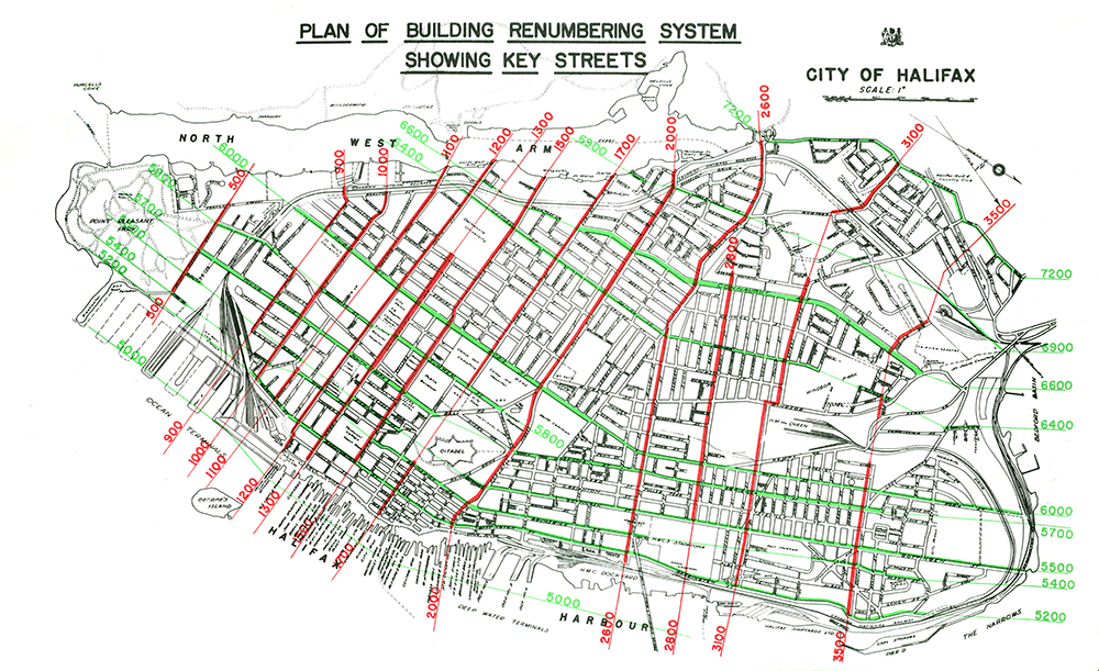 Plan of peninsular Halifax showing the new building renumbering system with the civic address delineated in red.