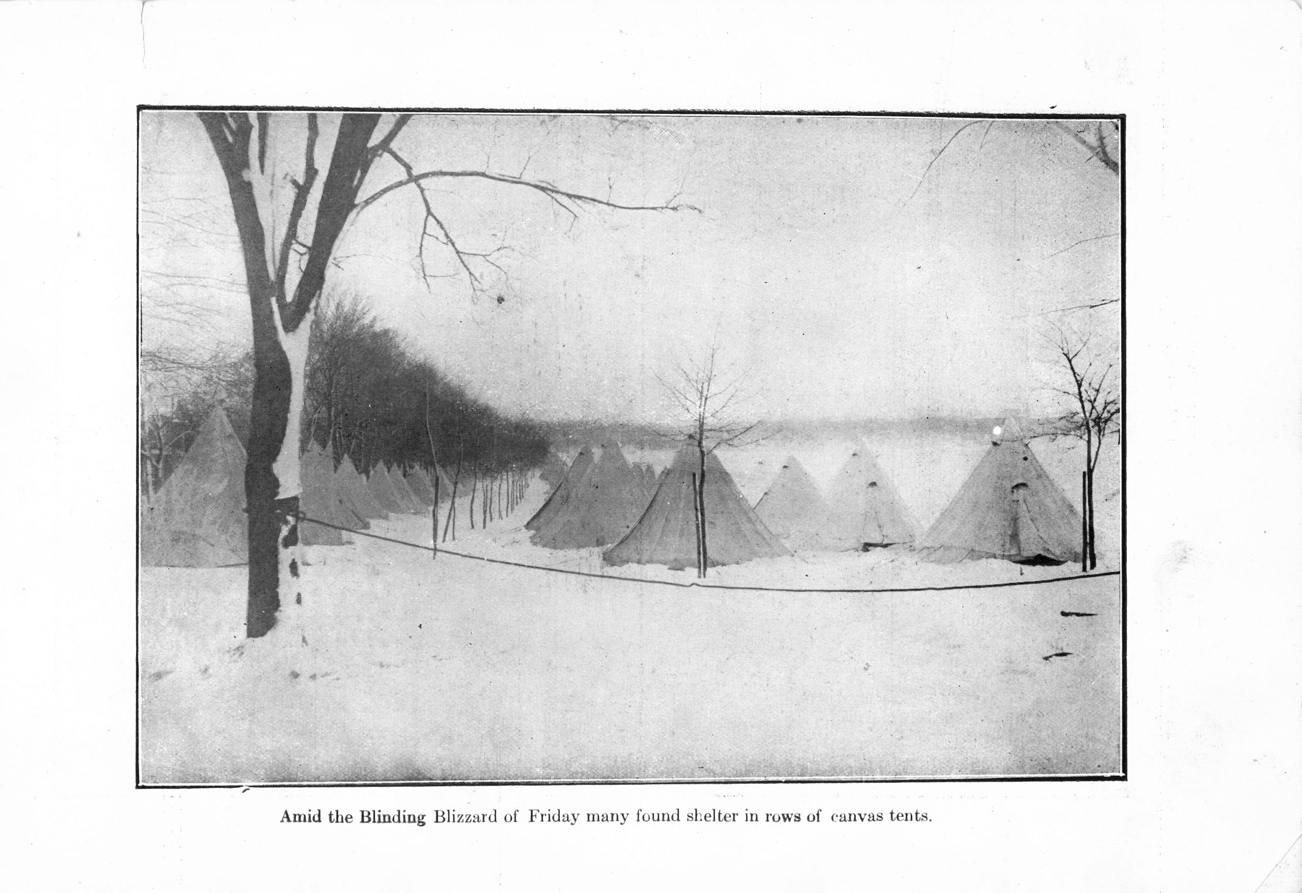 Black and white photo of rows of canvas tents in the snow, with caption “Amid the Blinding Blizzard of Friday many found shelter in rows of canvas tents”