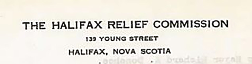 Black and white photo of letterhead of The Halifax Relief Commission 139 Young Street, Halifax, Nova Scotia.