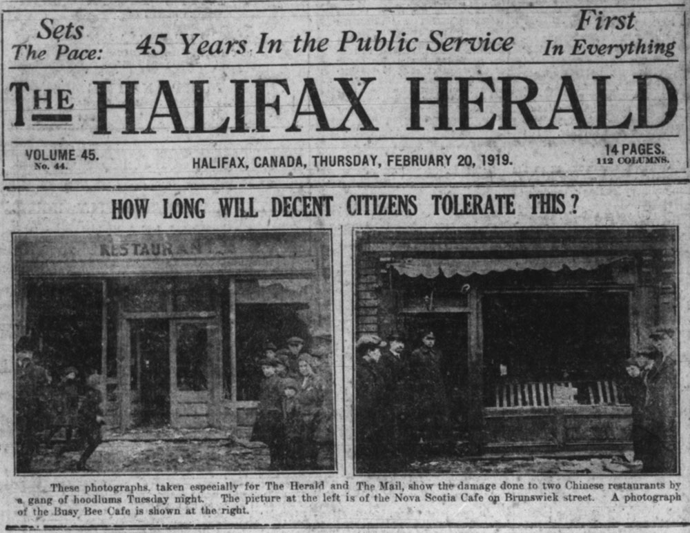 Black and white photo of newspaper headline “How Long Will Decent Citizens Tolerate This?” With images of damaged café storefronts.