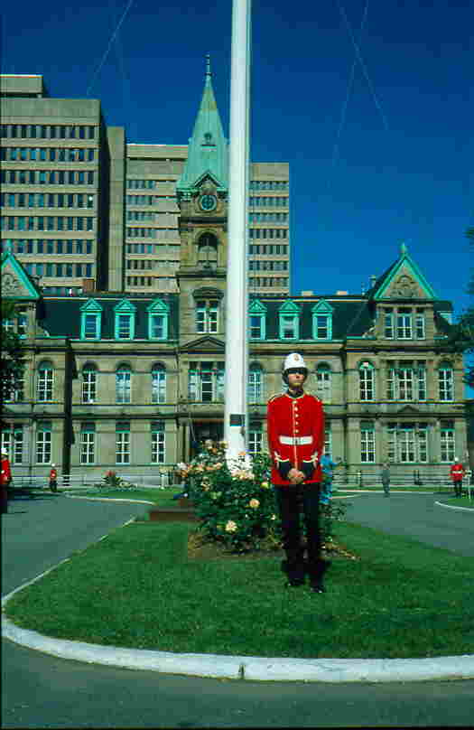Colour photo of flagpole with honour guard with Halifax City Hall in the background.