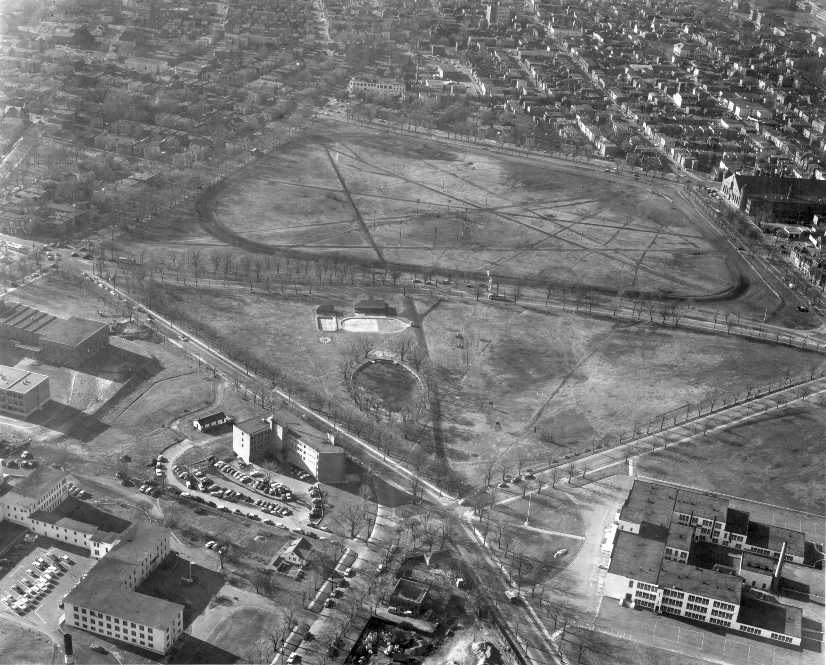 Black and white aerial view of the North Commons