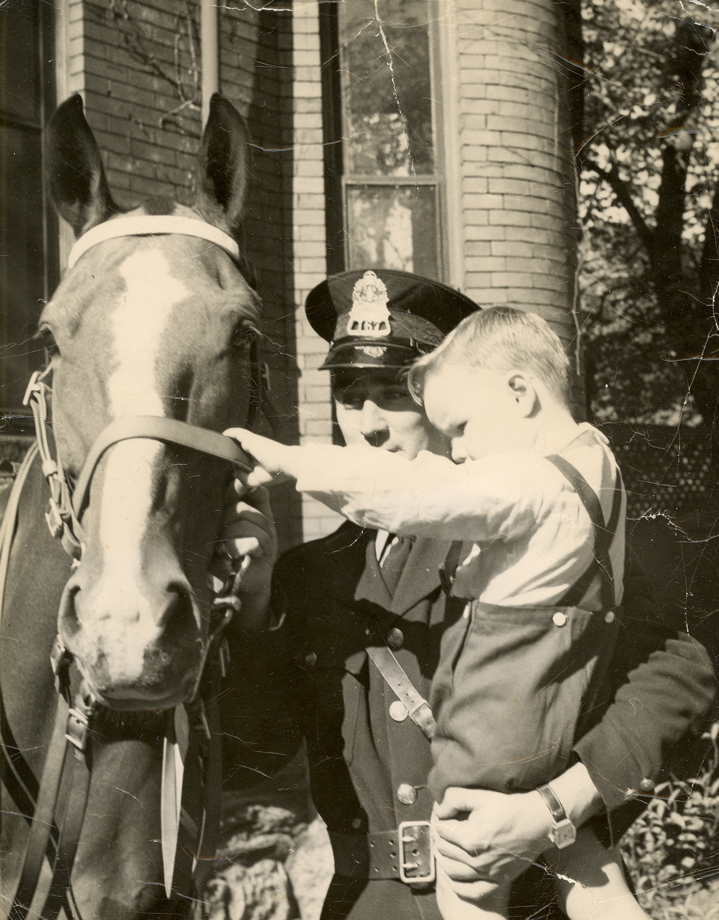 Black-and-white photo of Constable Art Francis holds a boy from the Halifax Infants Home, petting a horse 