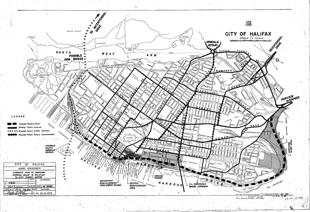 Black and white photo of a plan showing the possible route and future road improvements if approved.