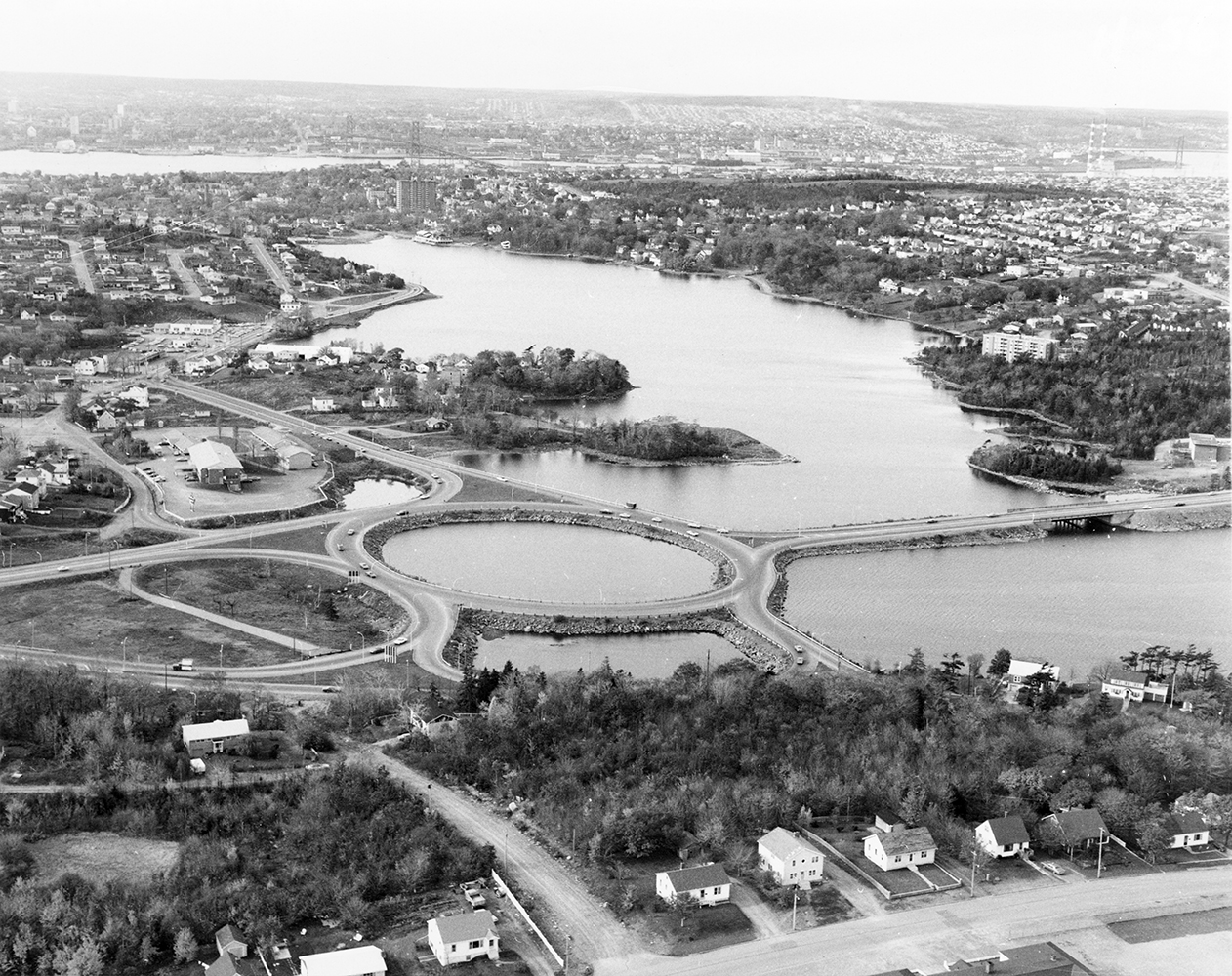 Black and white aerial photo of the Mic Mac Rotary.