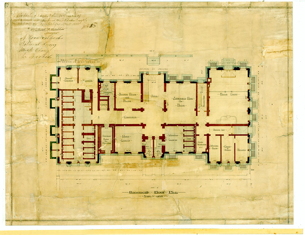 Colour copy of architectural plan showing layout of Police Department offices