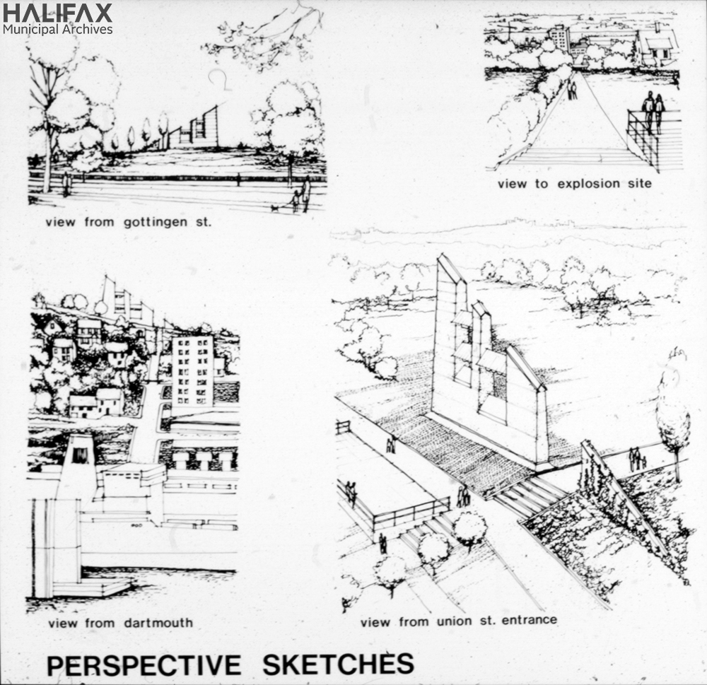Black and white architectural sketches of a monument