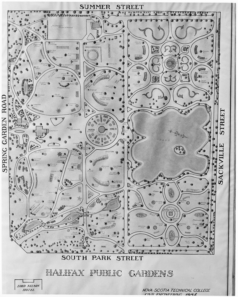 Black and white technical drawing showing the layout of the Public Gardens, including pathways and other features