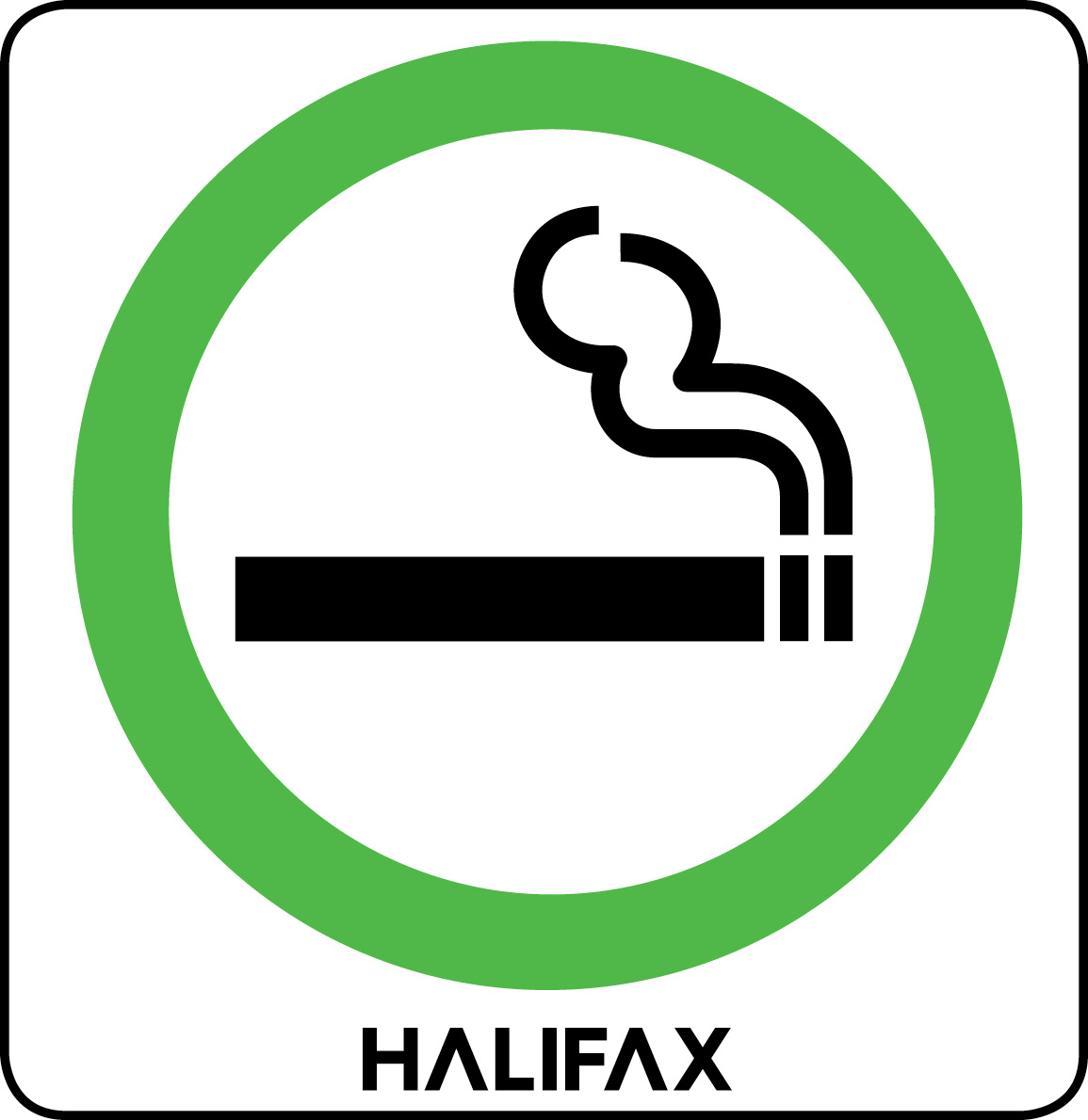 A sign with a green circle and an icon of a smoking apparatus is shown