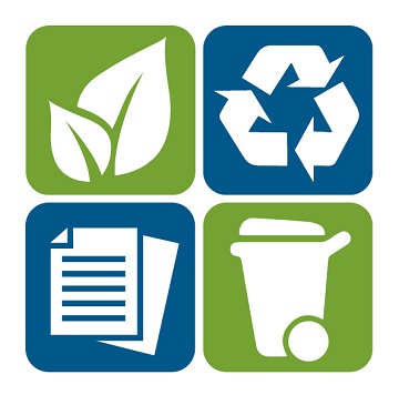 four icons, one showing a leaf, a recycling symbol, two sheets of paper, and an organics bin