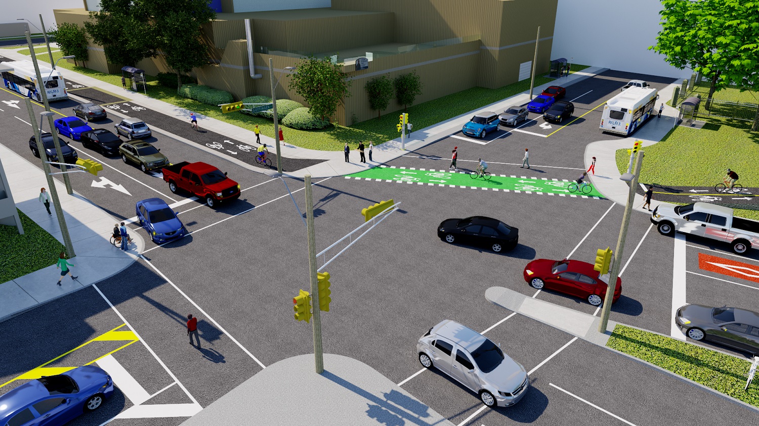 Rendering of the North and Gottingen intersection after implementation of the Bridge Bikeway Connectors project