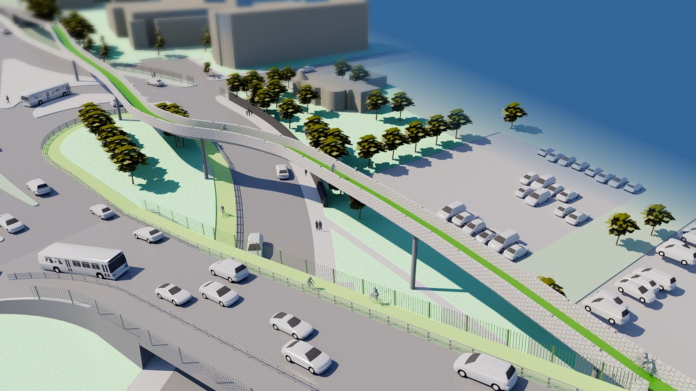 Graphic rendering of the Macdonald bridge flyover ramp proposed as part of the Bridge Bikeway Connectors project.