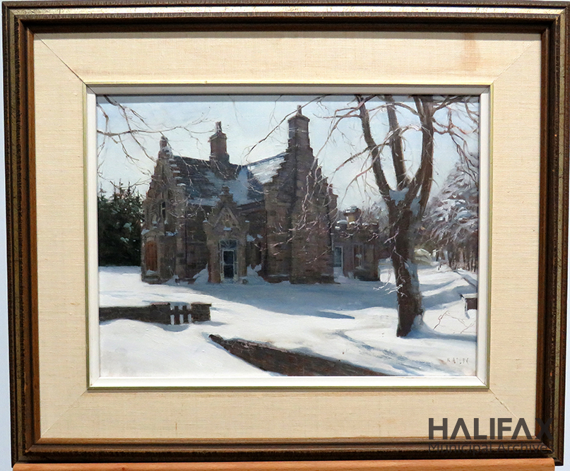 Colour photograph of an oil painting depicting an ornate stone building in winter