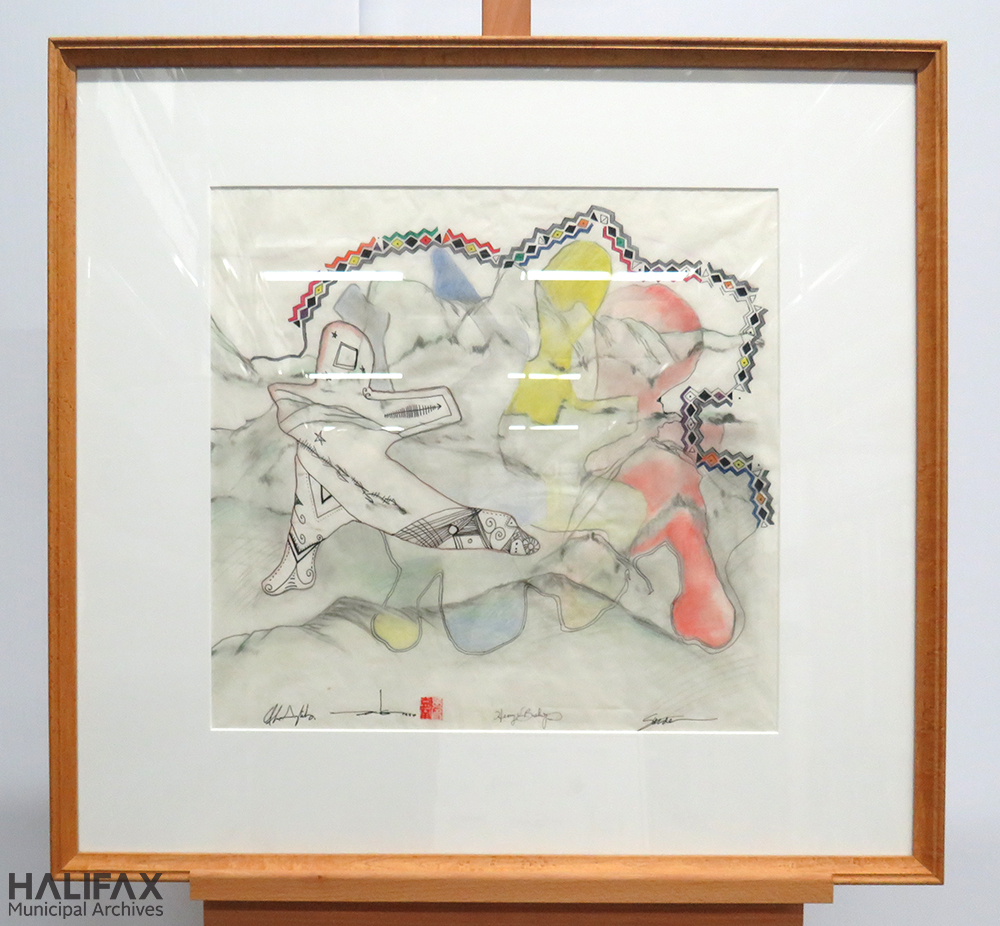 Image of a framed drawing done by Alan Syliboy, Henry Bishop, Christine Sanderson, and Jason Ng.