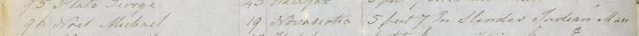 Close up image of a ledger listing name, age, birth place, height, and the description "slender indian man"