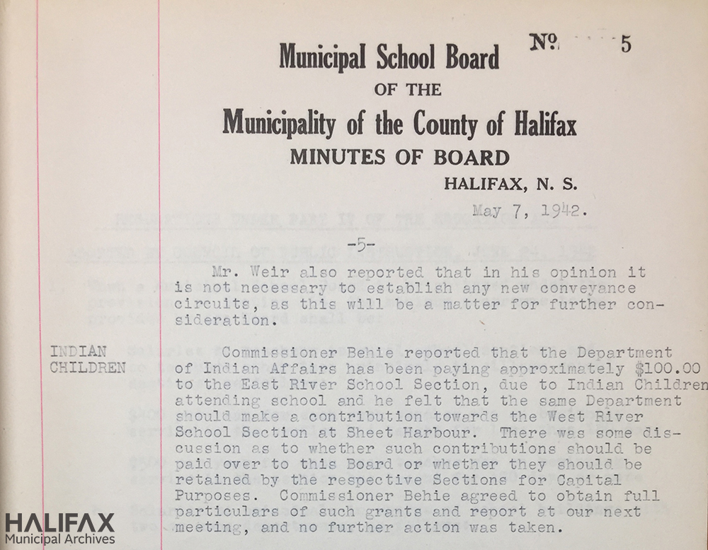 Image of County School Board minutes from 1942 regarding "Indian children"