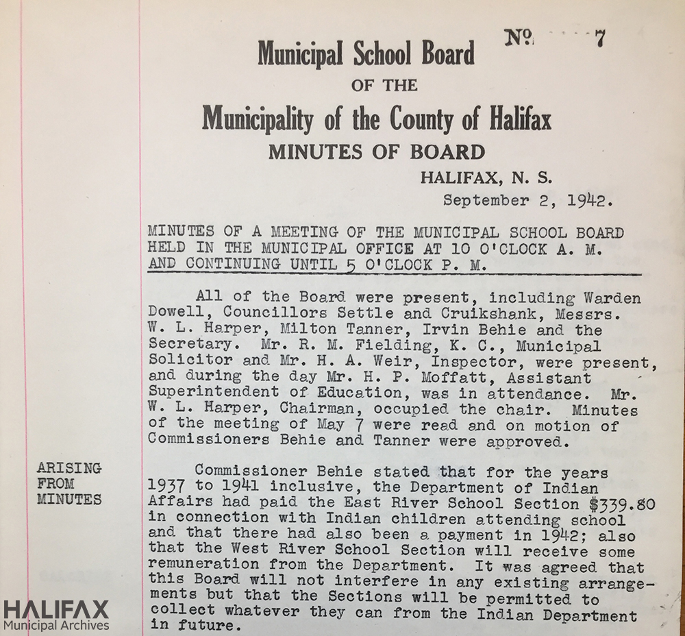Image of County School Board minutes from 1942 regarding material "arising from minutes"