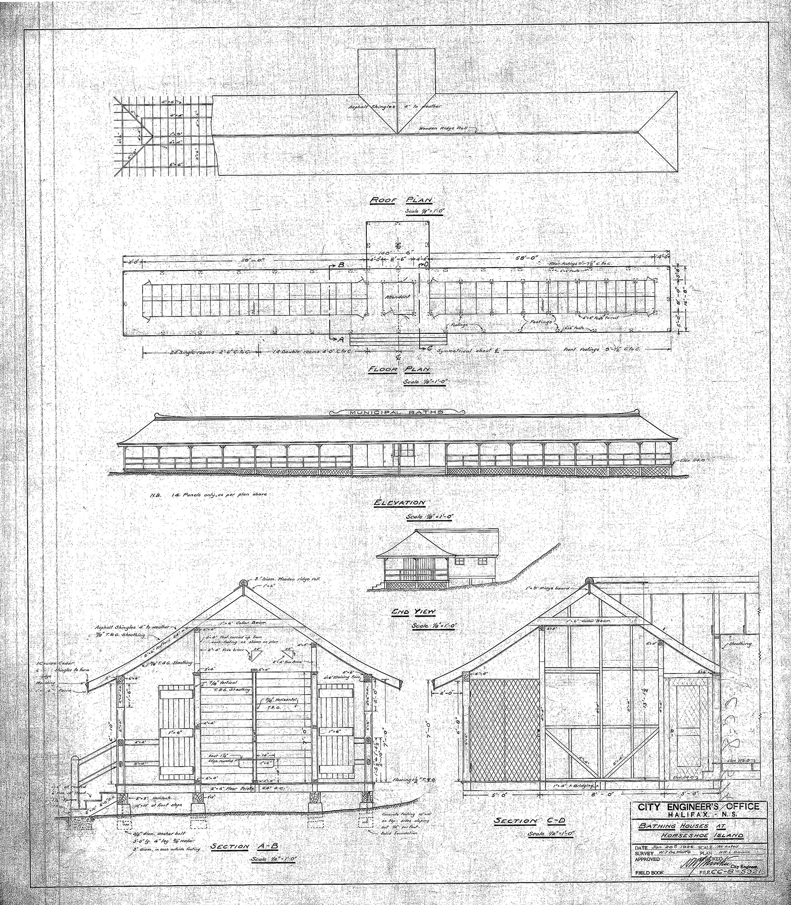 Black and white architectural plans for bathing house at Horseshoe Island, 1926.