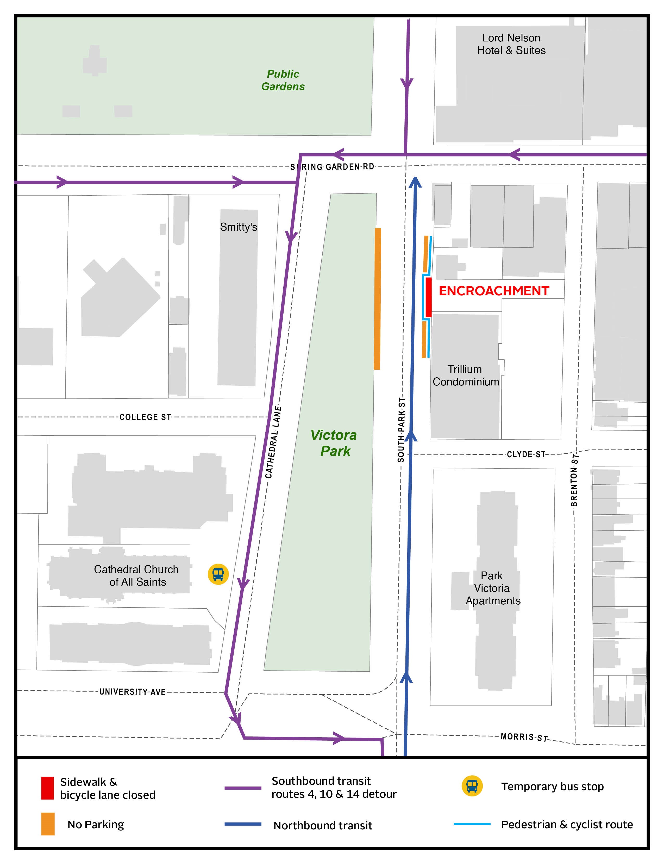 Detour map showing temporary transportation disruptions on South Park Street
