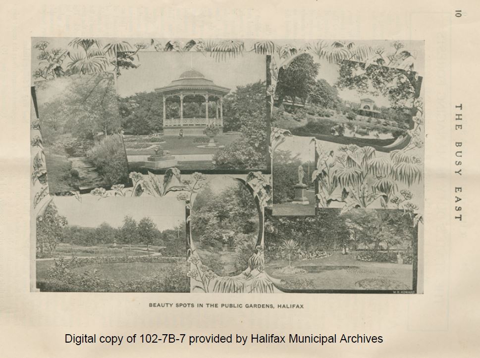 Black and white scan of page from The Busy East with a compilation of photographs of the Halifax Public Gardens