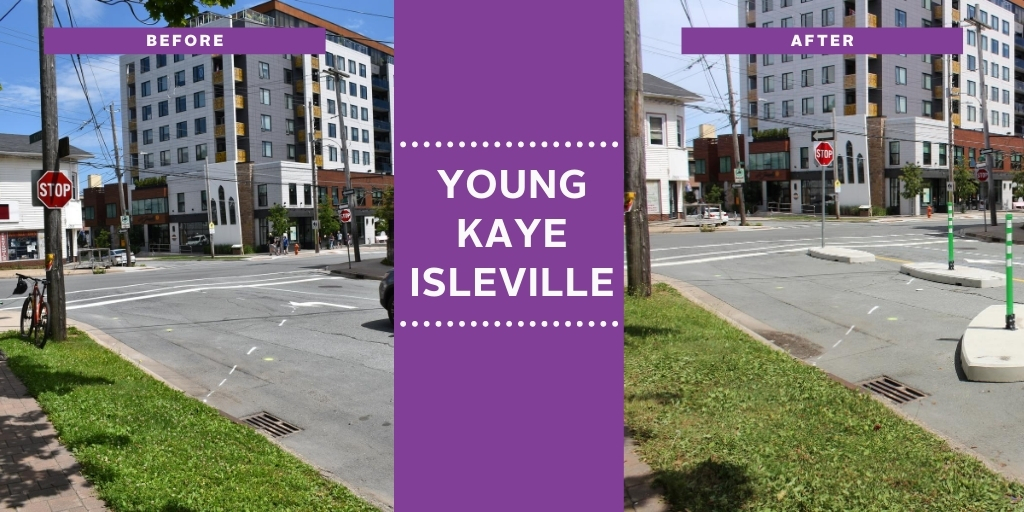Before and After picture of the street improvement pilot project at the intersection of Young, Kaye and Isleville