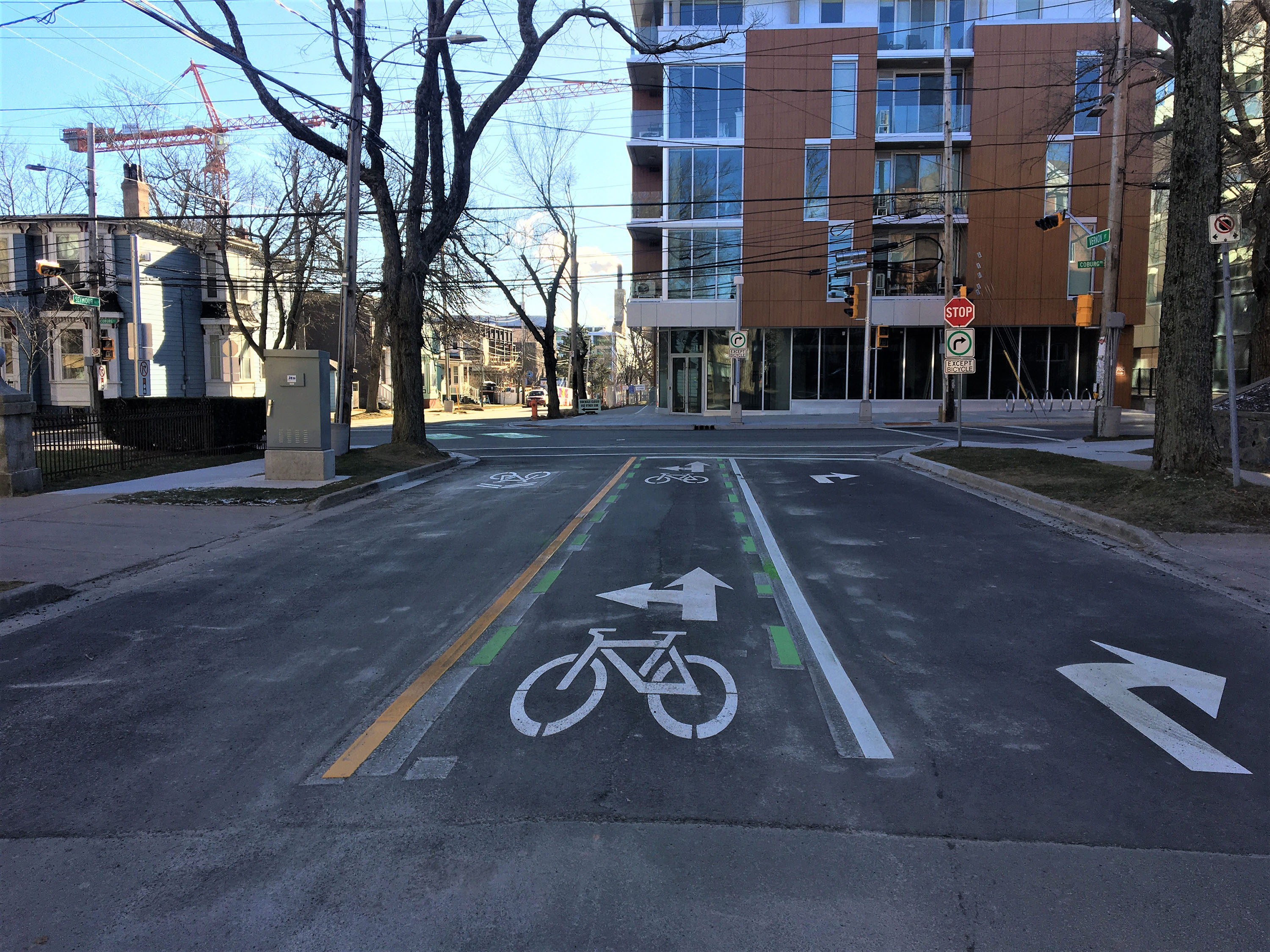 A photo of the Vernour Seymour street improvements for cycling and pedestrians. 
