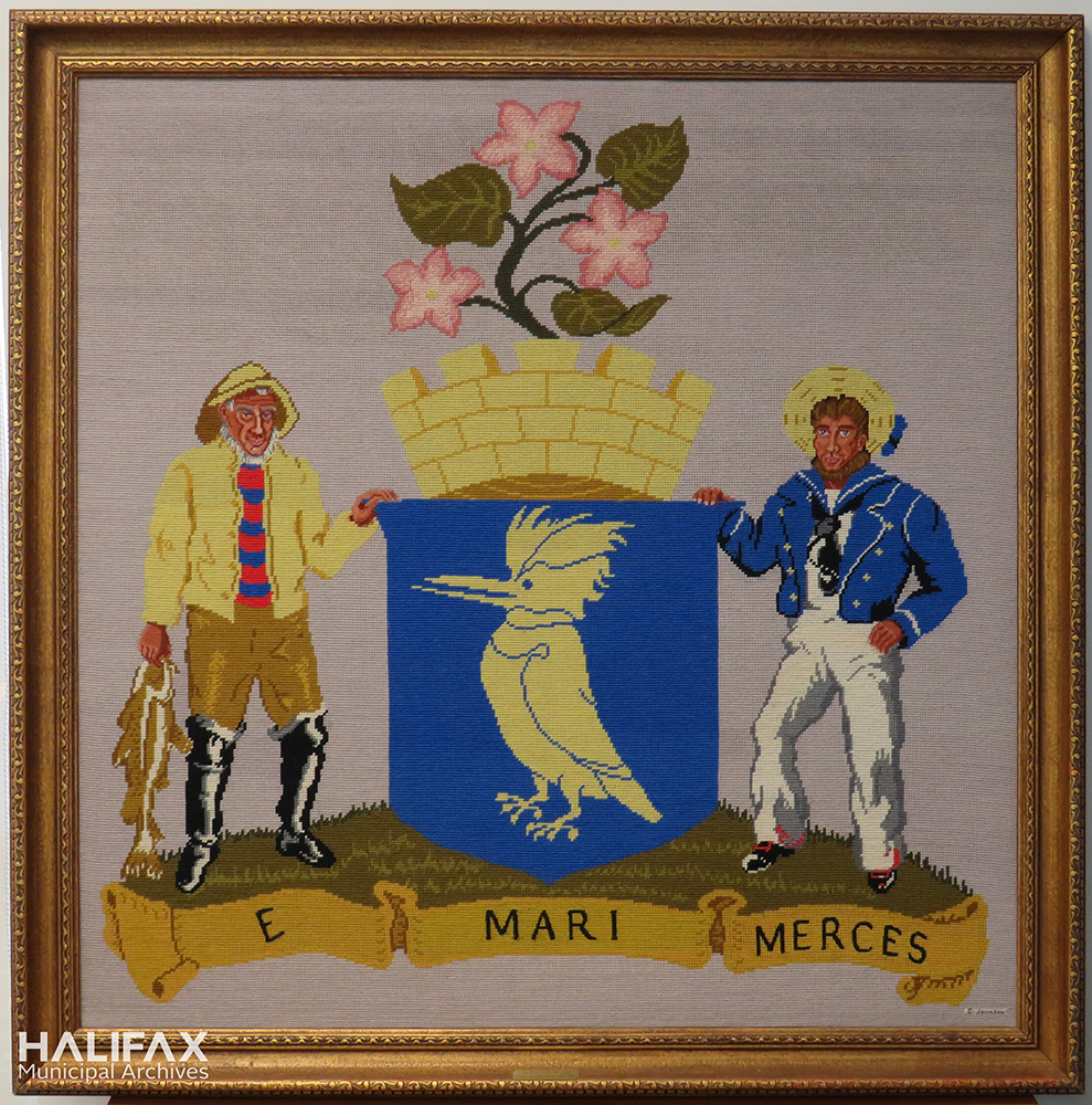 Colour photograph of framed needlepoint of the City of Halifax crest