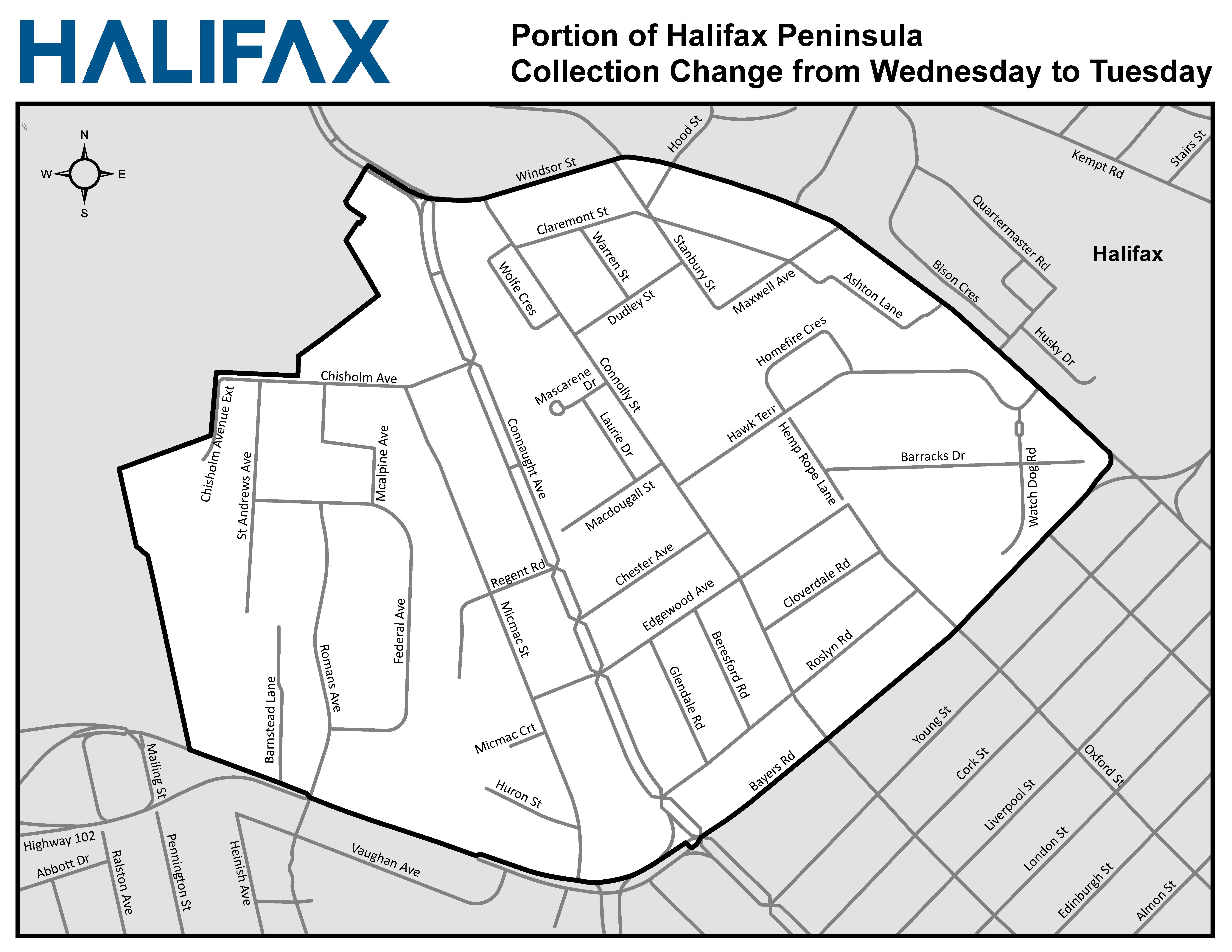 Portion of Halifax Peninsula Area Collection Change from Wednesday to Tuesday (unshaded)