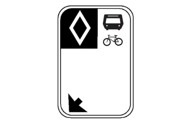 A sign with a diamond symbol, bus icon, and arrow. This indicates a lane is a bus lane at all times.