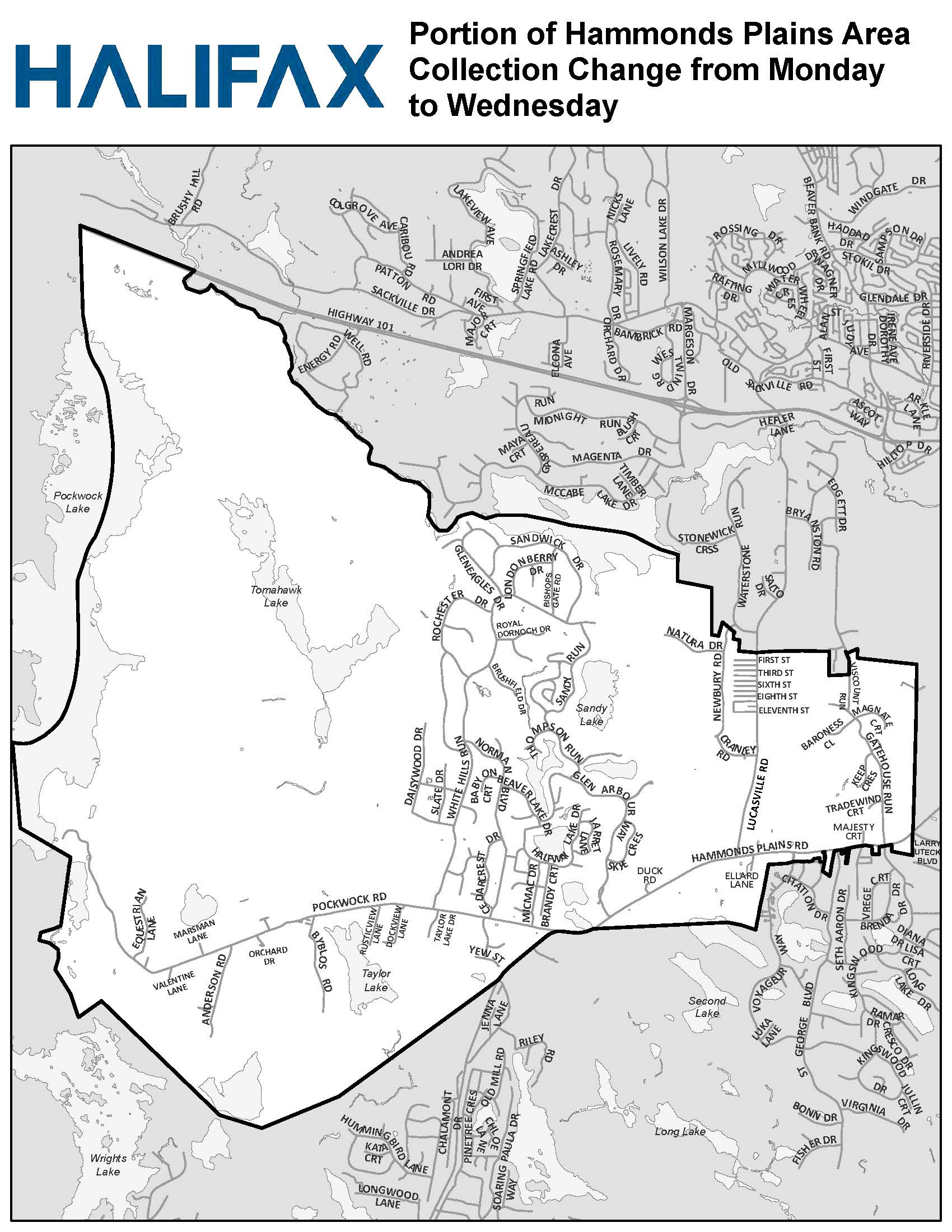 Portion of Hammonds Plains area collection change from Monday to Wednesday (unshaded)