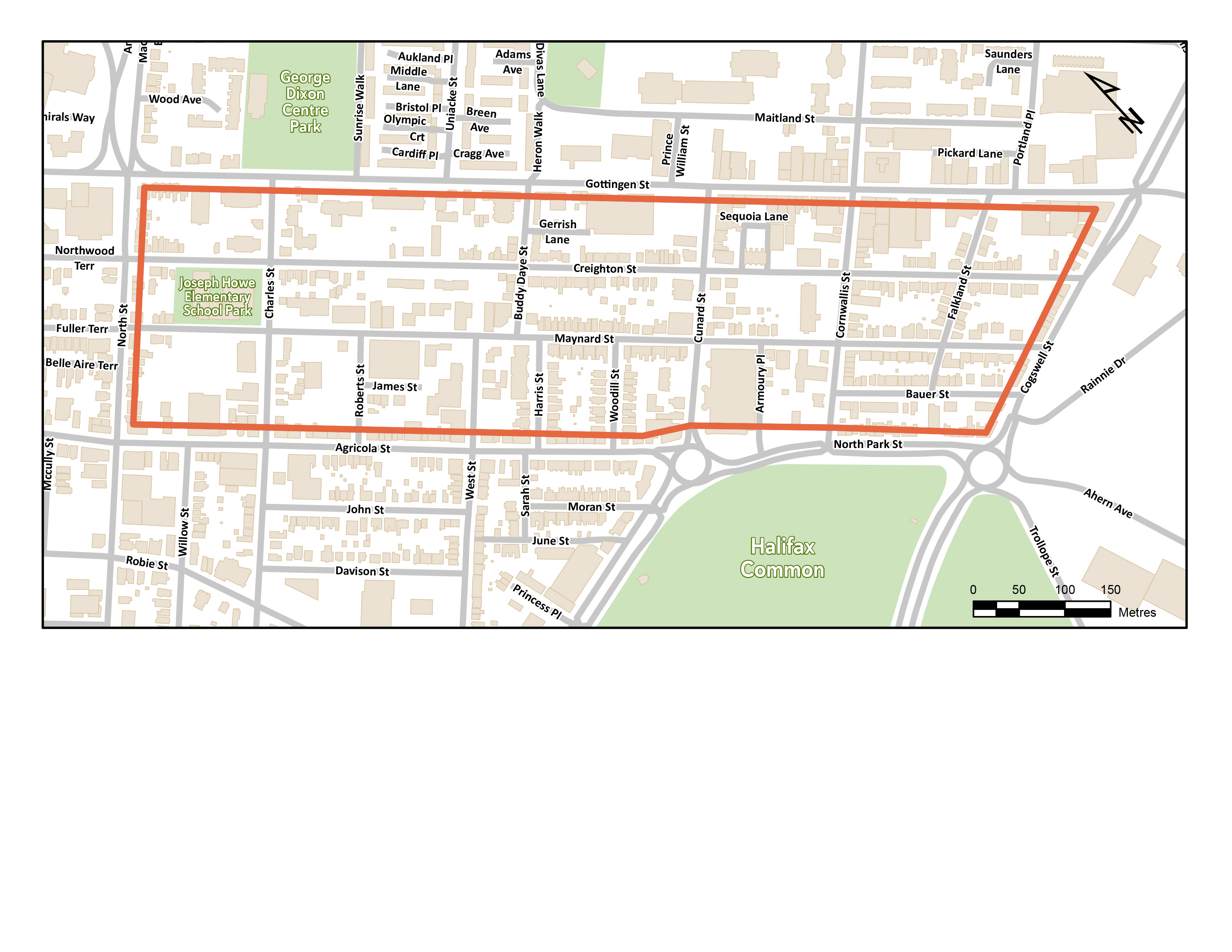 Map of streets impacted by speed limit change in the Creighton-Maynard streets neighbourhood 