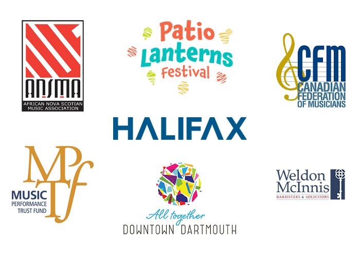 Logos for Canadian Federation of Musicians, Weldon Legal, Halifax Regional Municipality, Downtown Dartmouth Commission, African Nova Scotia Music Association, Patio Lanterns Festival