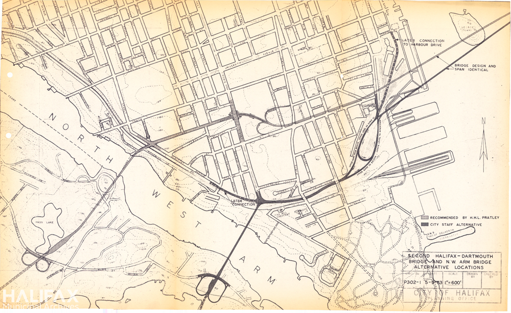 Map showing the southern portion of the Halifax peninsula, with a Halifax-Dartmouth bridge and a bridge over the Northwest Arm drawn in