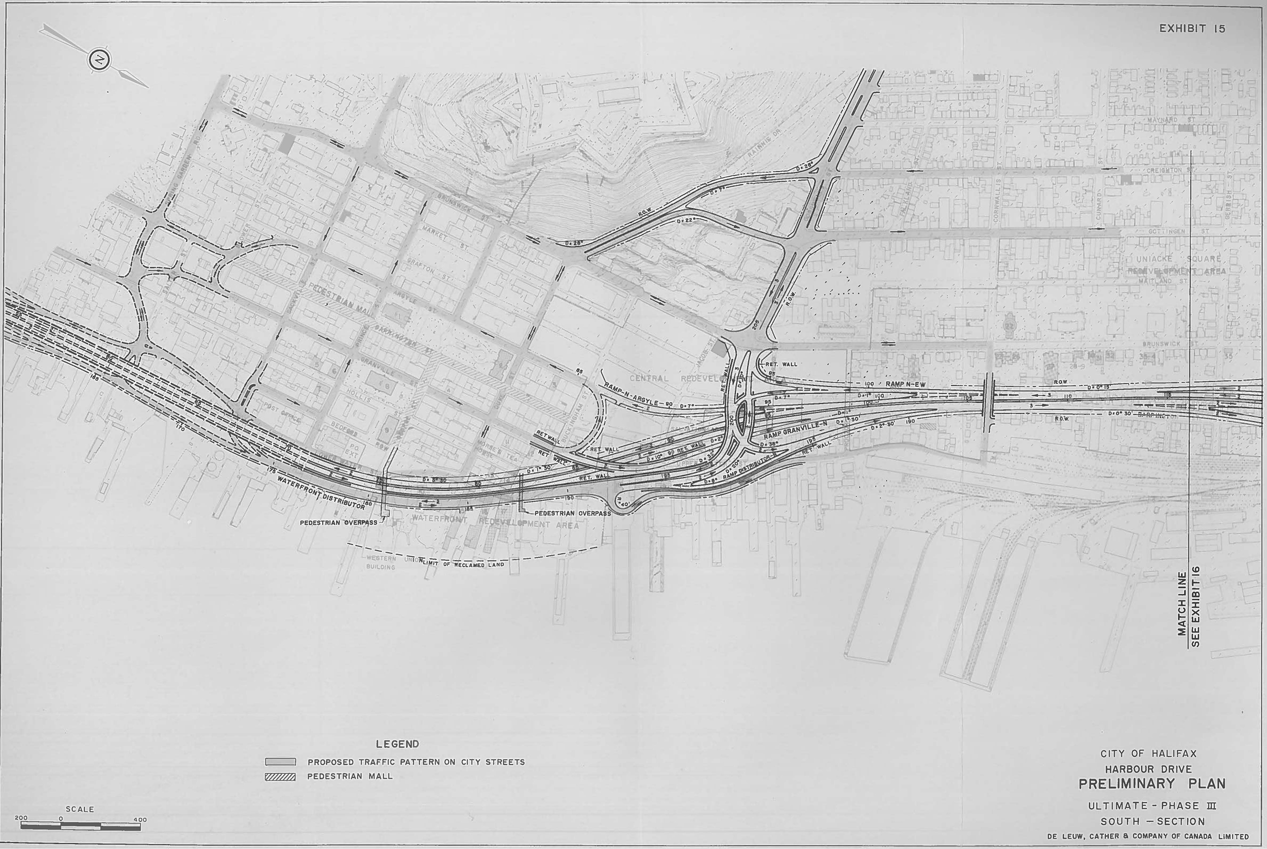 Map showing the downtown portion of the Halifax peninsula, with Harbour Drive plan drawn in over waterfront area
