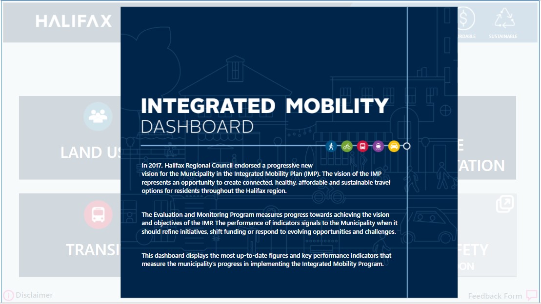 A screenshot of the Integrated Mobility Dashboard opening screen. 