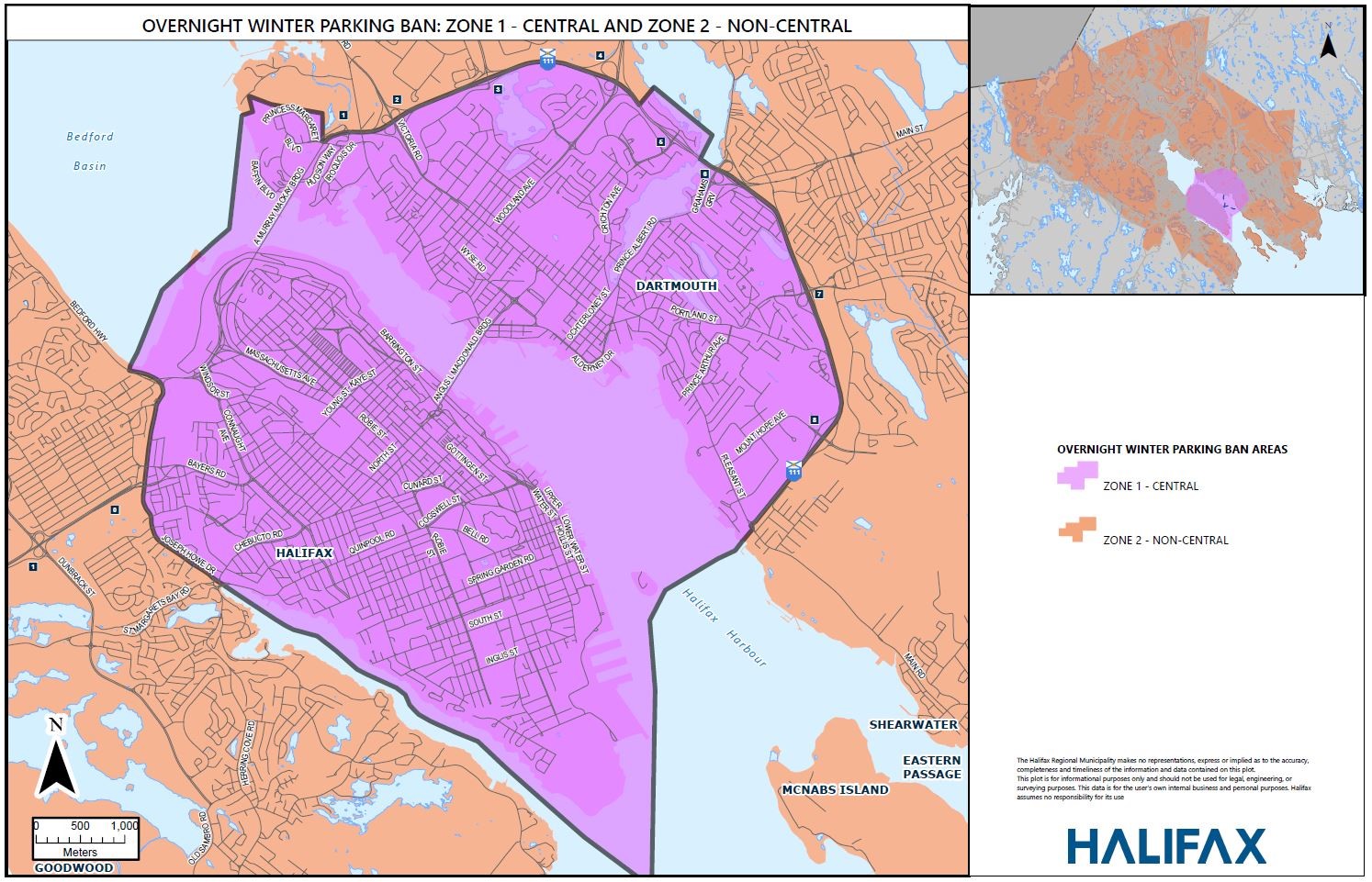 A map that shows the two parking ban zones. Zone 1 is Halifax peninsula and Dartmouth on the inside of the Circ. Zone 2 is all other areas.