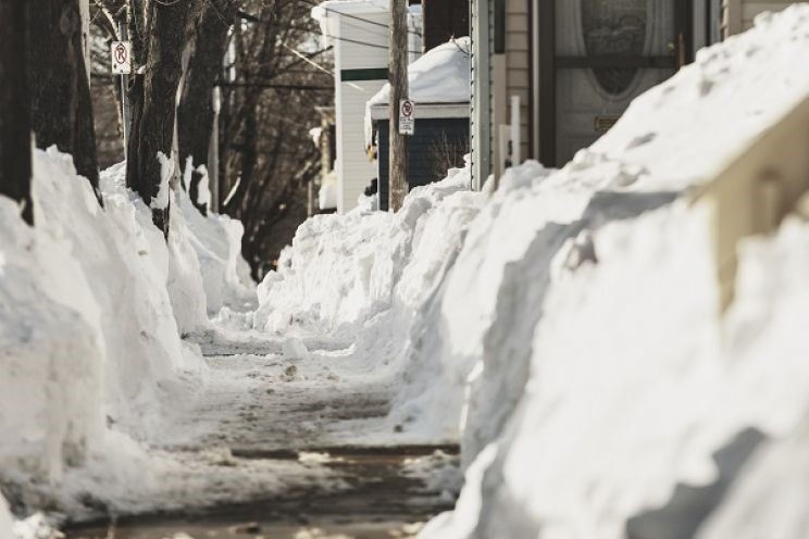A cleared sidewalk in Halifax with snowbanks over a metre high.