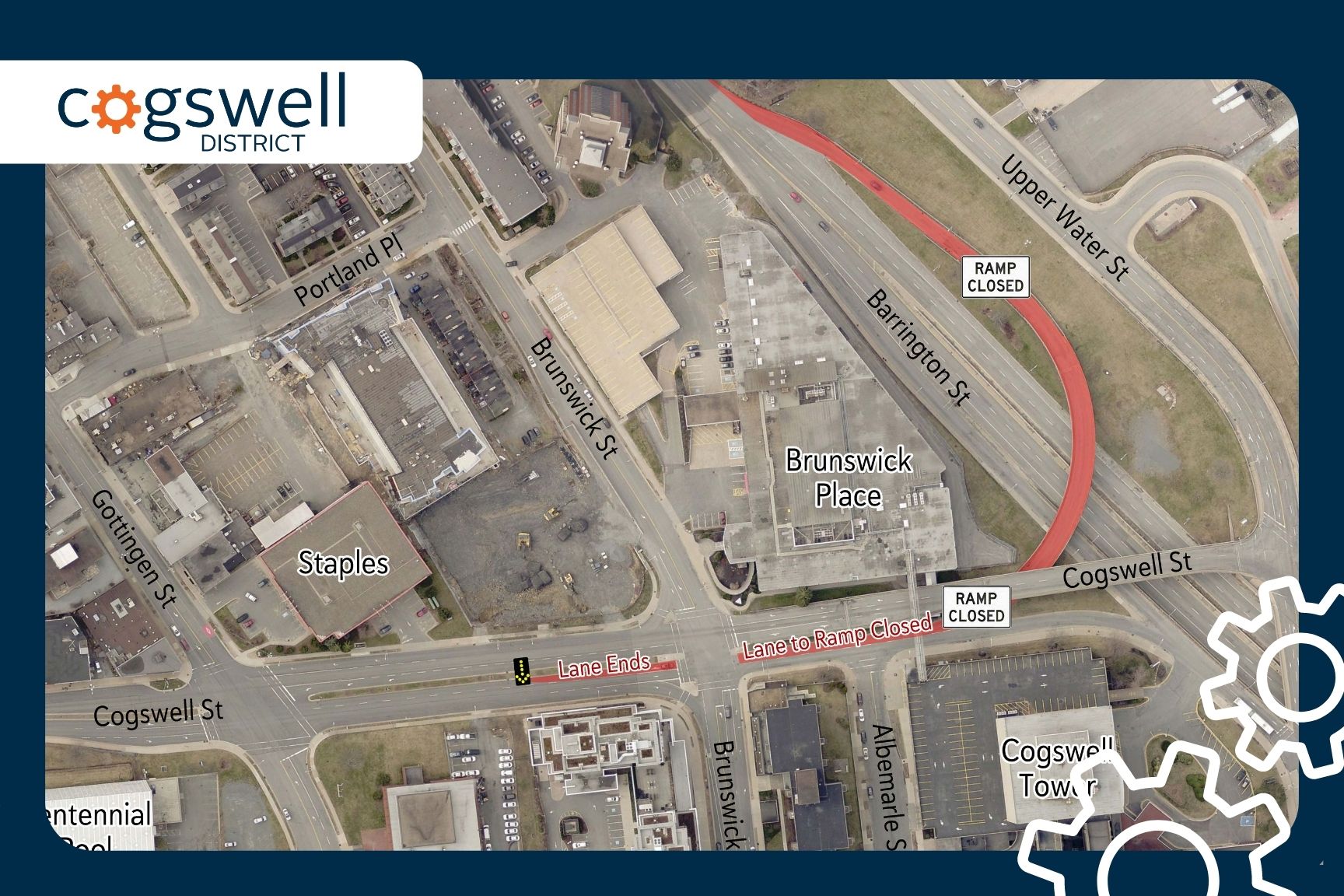 A map showing an aerial view of Cogswell District and the closed northbound ramp to Barrington St.