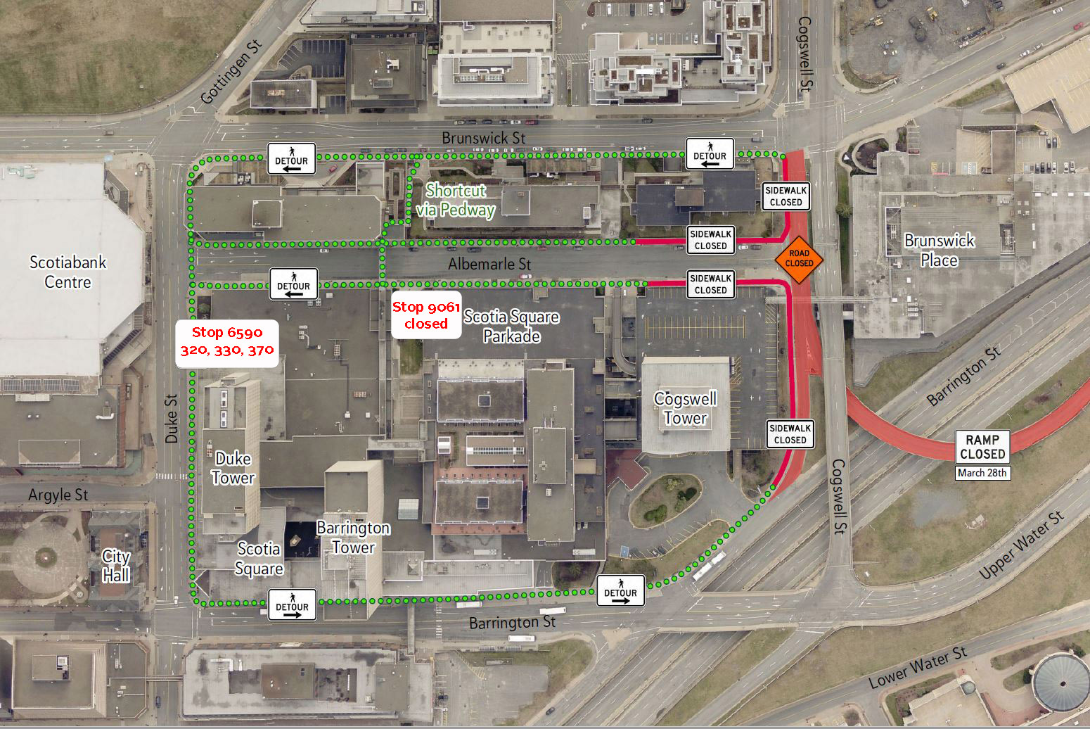 Aerial map of area affected by Cogswell Street closure