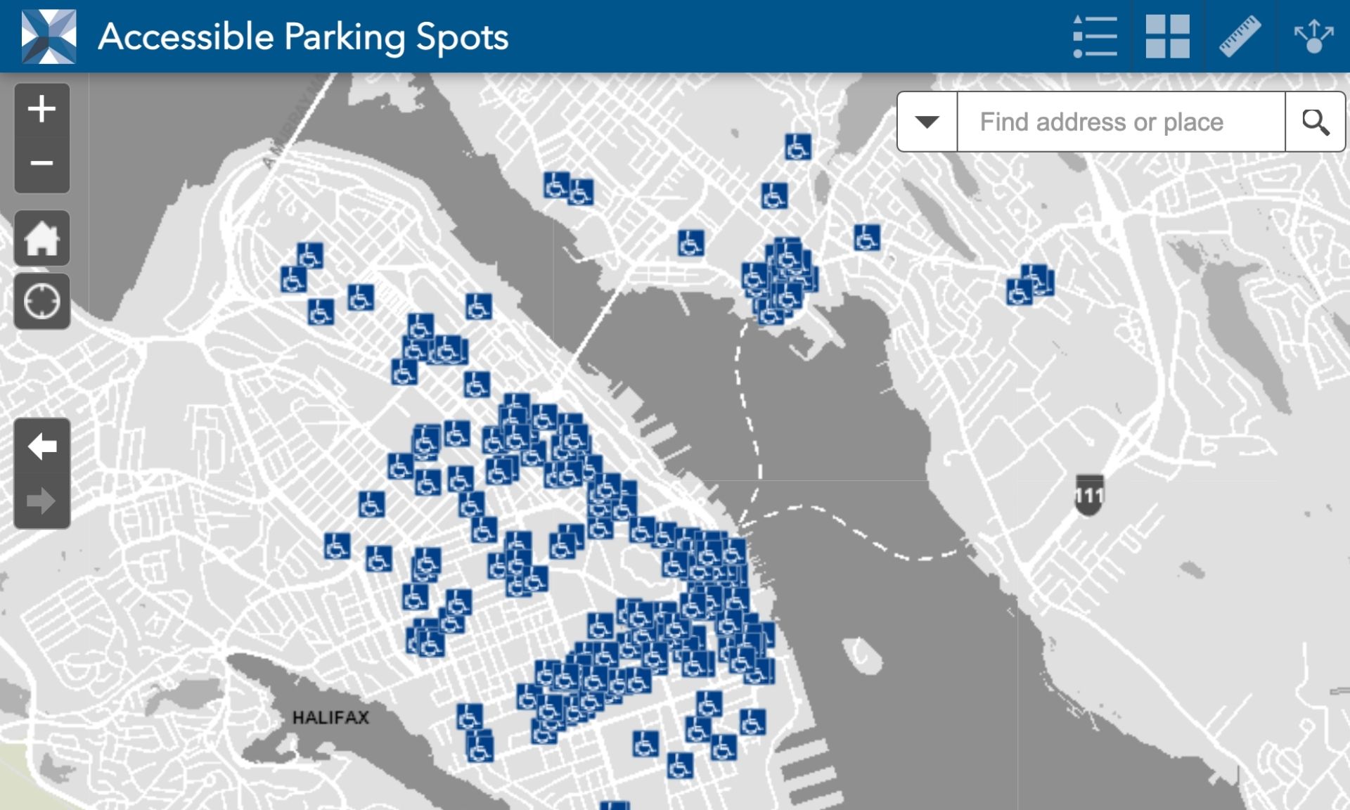 a map showing accessible parking spots in Halifax