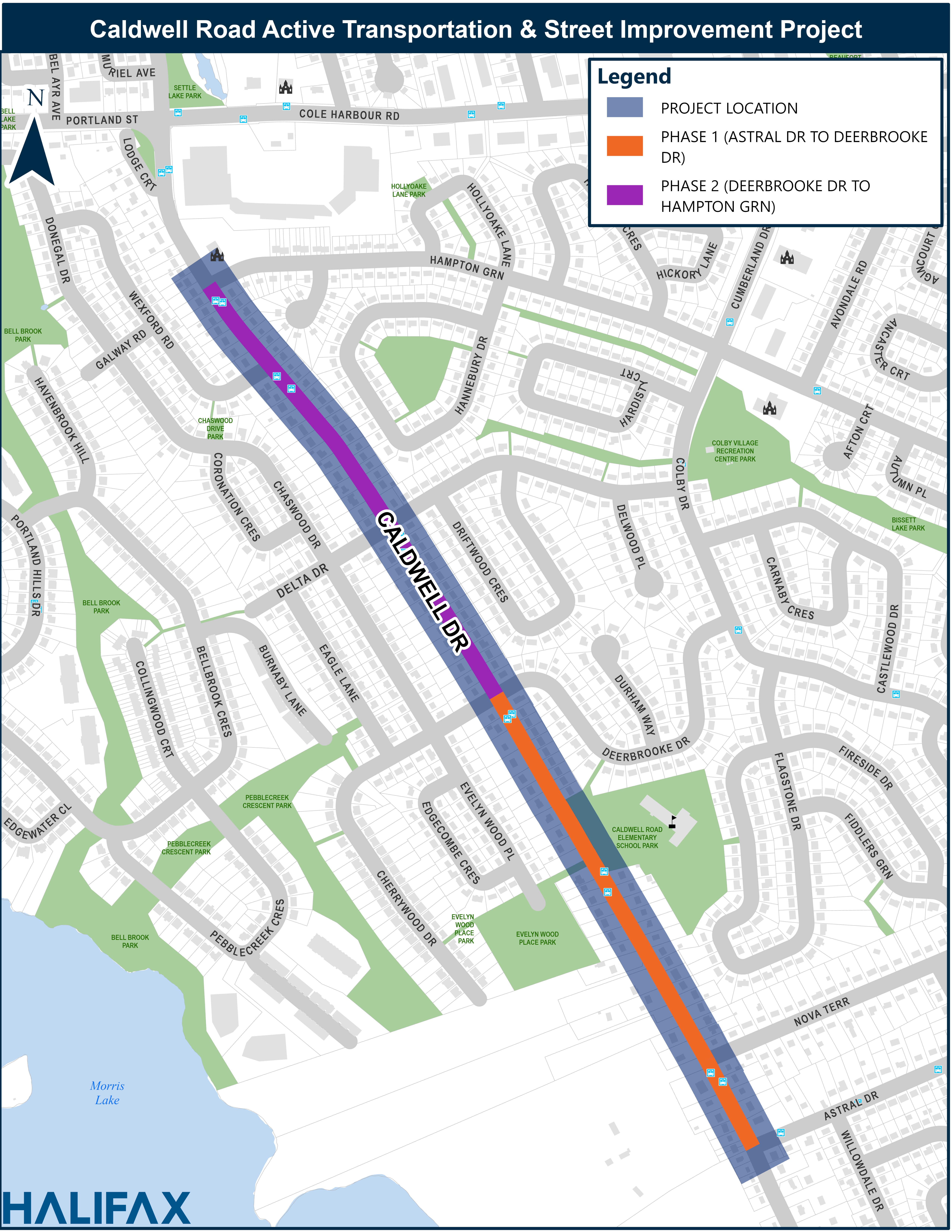 A map of Caldwell Road between Astral Drive and Hampton Green, showing Phase 1 of construction between Astral Drive and Deerbrooke Drive, and Phase 2 between Deerbrooke Drive and Hampton Green 