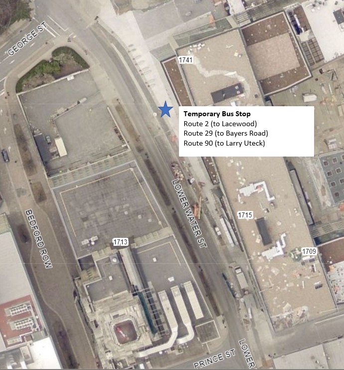 Aerial map showing Water Street Terminal Temporary Stop