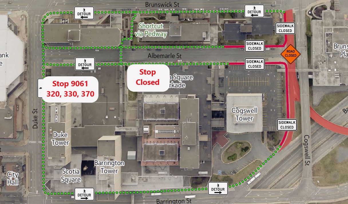 Aerial map showing the area around Scotia Square with road closures and detours for the 300 series bus Routes. 