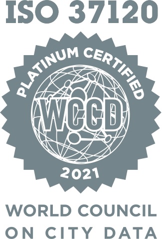 a graphic of the WCCD certification logo that reads ISO 37120 Platinum Certified WCCD 2021 World Council on City Data