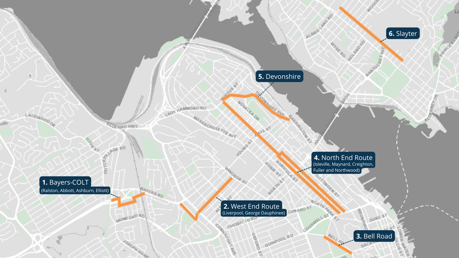 A map of a portion of the Halifax peninsula and downtown Dartmouth with six orange lines signifying where the interim bikeway improvements will be located. Number one is a connection between Bayers Road and the Chain of Lakes Trail. Two is the West End Bikeway, including Liverpool Street and George Dauphinee Avenue. Three is Bell Road. Four is the North End Bikeway, including Isleville Street, Maynard Street and Creighton Street. Five is Devonshire Avenue. Number six is Slayter Street.
