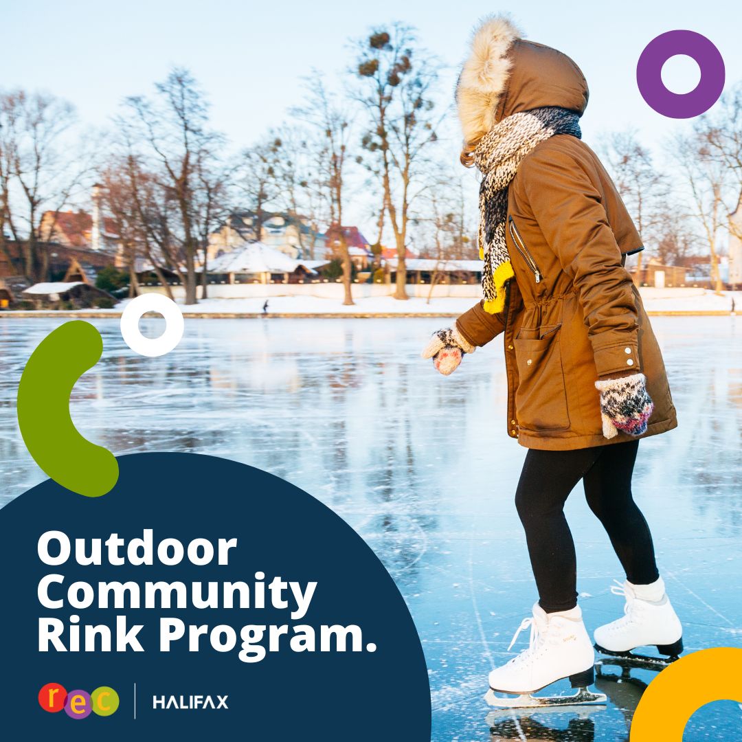 the words outdoor community rink program on a dark blue circle over an image of a person skating on an outdoor rink
